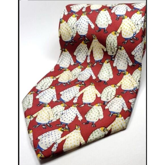 PAUL FREDRICK Tie Dressed Penguins 100% Italian Silk Wide 4" x 57" USA - Picture 1 of 5